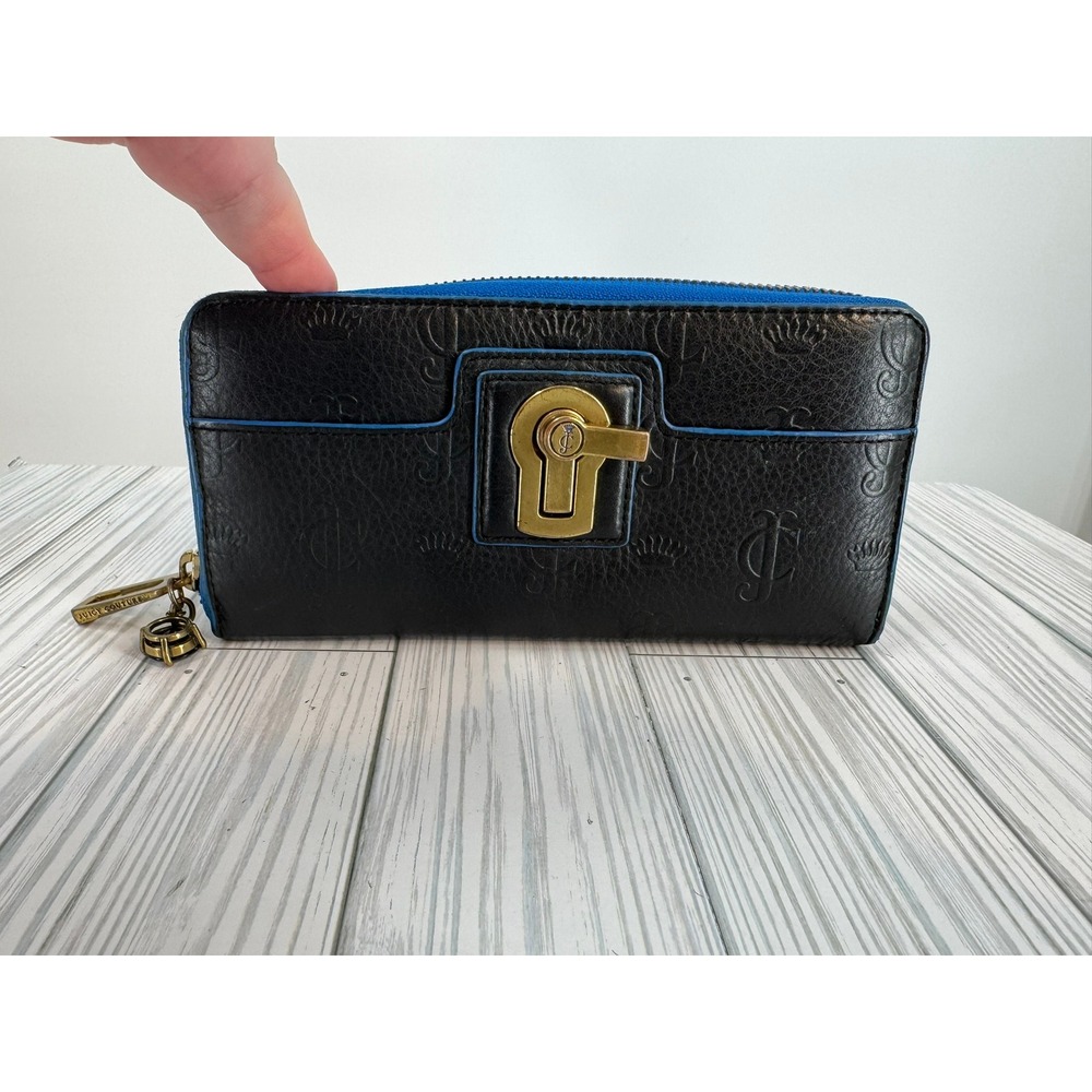 VTG Juicy Couture Wallet Clutch Organizer Black Blue Zip Around Turn Lock Y2K‎